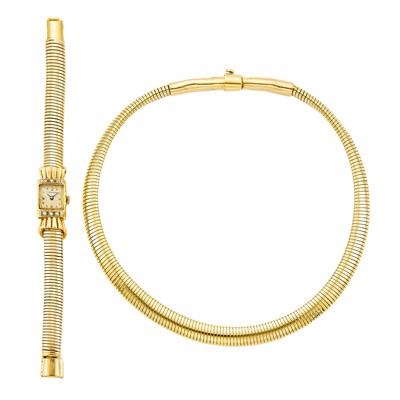 Lot 1074 - Gold Tubogas Necklace and Diamond Wristwatch