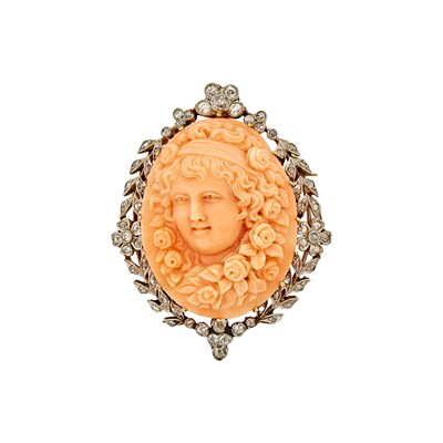 Lot 1135 - Antique Platinum, Gold, Carved Angel Skin Coral Cameo and Diamond Pendant-Brooch