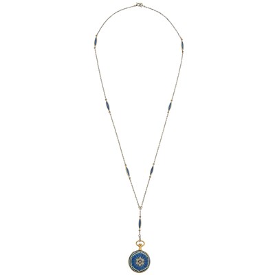 Lot 1129 - Gold, Platinum and Enamel Pendant-Watch with Chain Necklace