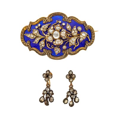 Lot 1122 - Antique Gold, Silver, Enamel and Diamond Pendant-Brooch and Pair of Pendant-Earclips