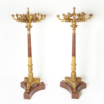 Lot 685 - Pair of Empire Style Gilt-Bronze and Marble Sixteen-Light Floor Candelabra