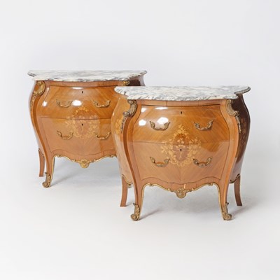 Lot 134 - Pair of Louis XV Style Marquetry Tulipwood Bombé Commodes