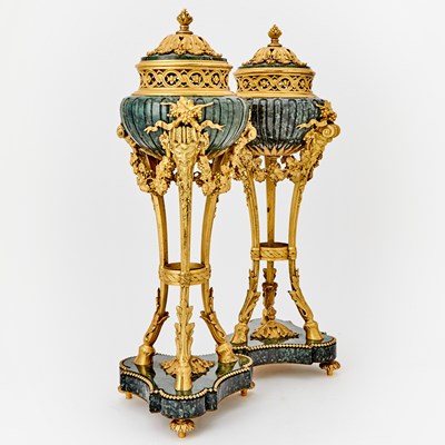 Lot 645 - Pair of Louis XVI Style Gilt-Bronze Mounted Green Marble Covered Garniture Urns