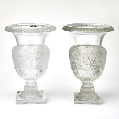 Lot 637 - Assembled Pair of Lalique Molded Glass "Versailles" Pattern Footed Vases