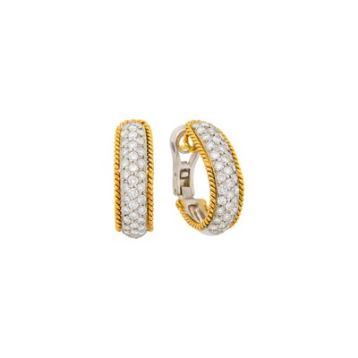 Lot 85 - Pair of Two-Color Gold and Diamond Hoop Earrings