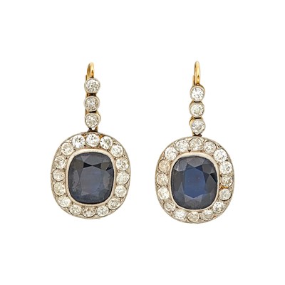 Lot 1128 - Pair of Gold, Platinum, Sapphire and Diamond Pendant-Earrings