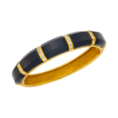 Lot 12 - Gold, Black Onyx and Diamond Bangle Bracelet