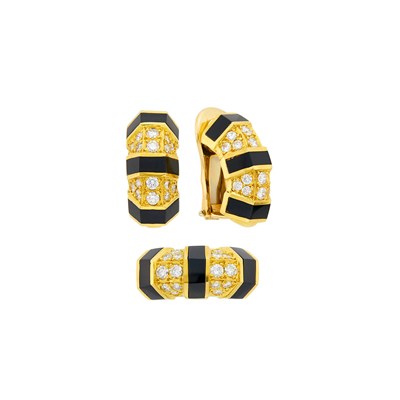 Lot 10 - Pair of Gold, Black Onyx and Diamond Half-Hoop Earclips and Bombé Ring