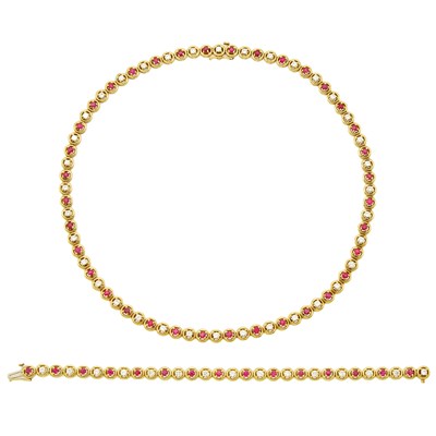 Lot 1238 - Gold, Ruby and Diamond Necklace and Bracelet