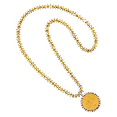 Lot 20 - Gold, Gold Coin and Diamond Pendant with Long Chain Necklace