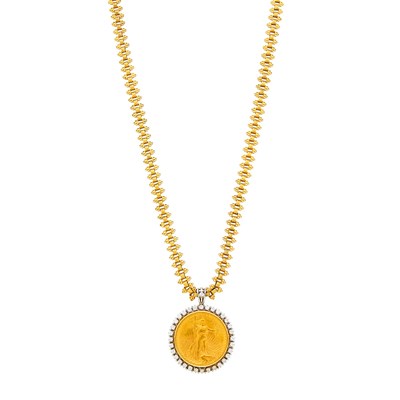 Lot 20 - Gold, Gold Coin and Diamond Pendant with Long Chain Necklace