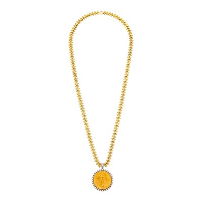 Lot 20 - Gold, Gold Coin and Diamond Pendant with Long Chain Necklace