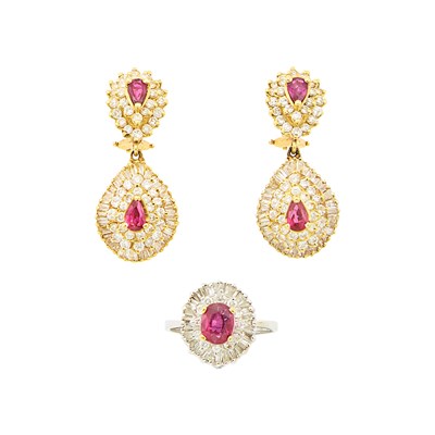 Lot 1285 - Pair of Gold, Ruby and Diamond Pendant-Earrings and Ballerina Ring