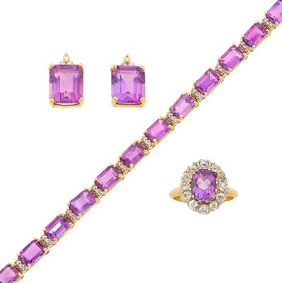 Lot 1243 - Gold, Amethyst and Diamond Bracelet, Pair of Earrings and Ring