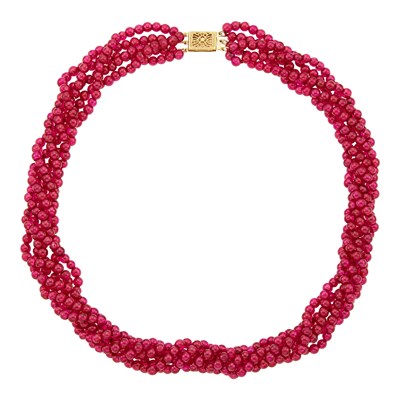 Lot 1227 - Five Strand Ruby Bead Necklace with Gold Clasp