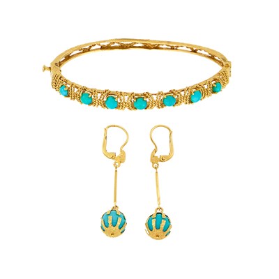 Lot 1071 - Gold and Turquoise Bangle Bracelet and Pair of Imitation Turquoise Pendant-Earrings