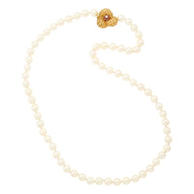 Lot 1052 - Long Cultured Pearl Necklace with Gold, Ruby and Diamond Clasp