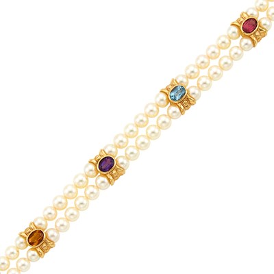 Lot 1015 - Double Strand Cultured Pearl, Gold and Colored Stone Bracelet