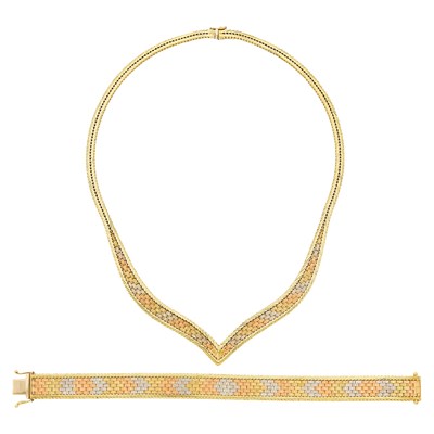 Lot 1247 - Tricolor Gold Necklace and Bracelet