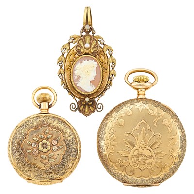 Lot 1094 - Two Gold Hunting Case Pocket Watches and Cameo Pendant