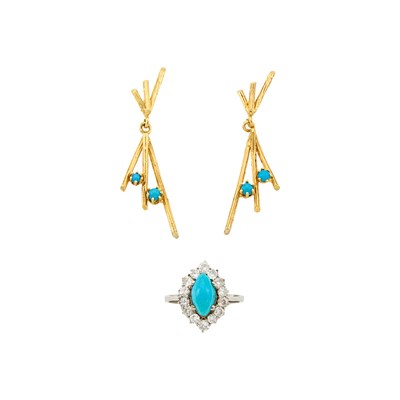 Lot 1262 - Pair of Gold and Turquoise Pendant-Earrings and White Gold, Turquoise and Diamond Ring