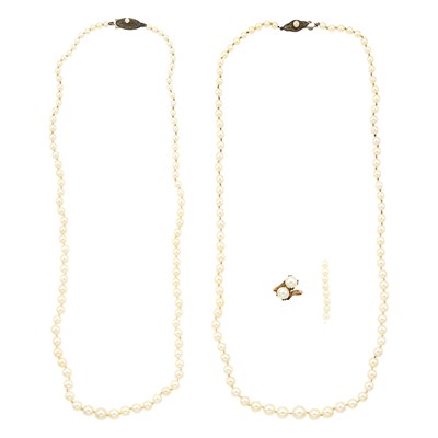 Lot 1290 - Two Cultured Pearl Necklaces with Silver Clasps and Low Karat Gold Ring