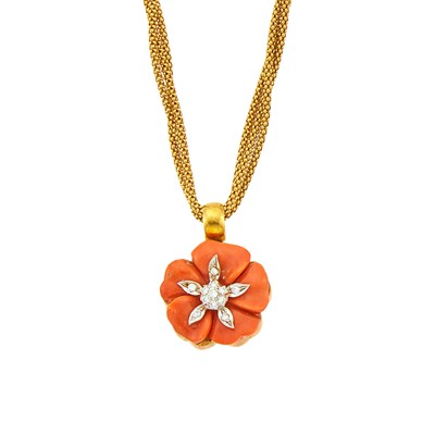 Lot 1210 - Two-Color Gold, Carved Coral and Diamond Flower Pendant with Triple Strand Gold Necklace