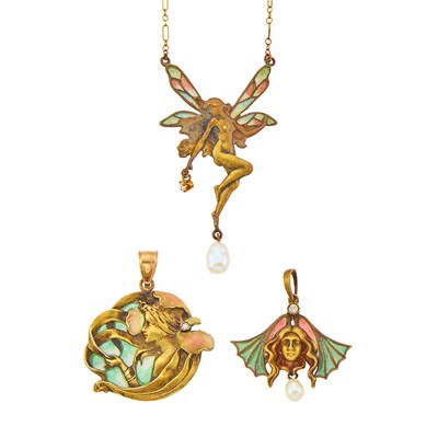 Lot 1113 - Two Art Nouveau Gold and Enamel Pendants and Pendant-Necklace