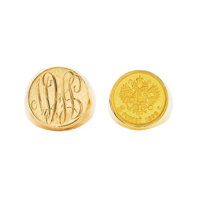 Lot 1072 - Gold and Gold Coin Ring and Low Karat Gold Initial Ring