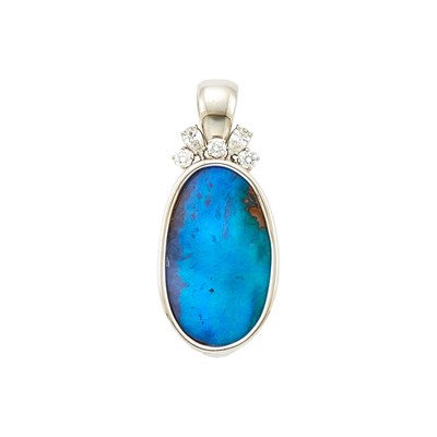 Lot 1169 - White Gold, Black Boulder Opal and Diamond Pendant