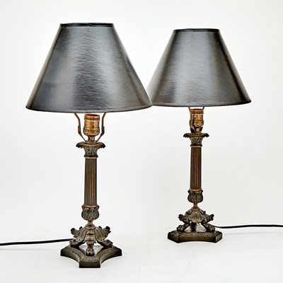 Lot 128 - Pair of Restauration Style Patinated Metal Candlesticks Mounted as Lamps