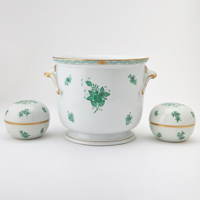 Lot 167 - Herend Porcelain Green Chinese Bouquet Pattern Cachepot and Two Bonbonnieres