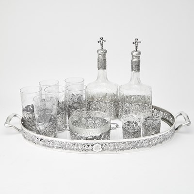 Lot 582 - Assembled Continental and American Silver and Wheel-Engraved Glass Drinks Set