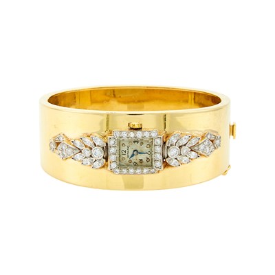 Lot 1236 - Hamilton Gold, Platinum and Diamond Bangle Bracelet-Watch