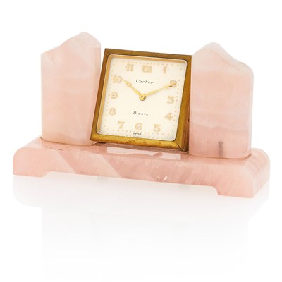 Lot 113 - Cartier Brass and Rose Quartz Desk '8 Days' Desk Clock