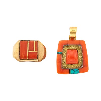 Lot 1214 - Gold and Coral Ring and Turquoise Pendant