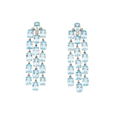 Lot 1185 - Pair of White Gold, Blue Topaz and Diamond Pendant-Earrings