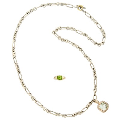 Lot 1223 - David Yurman Gold, Silver, Prasiolite and Diamond Pendant with Chain Link Necklace and Peridot Ring