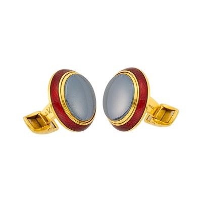 Lot 96 - DeVroomen Pair of Gold, Hematite and Red Enamel Cufflinks