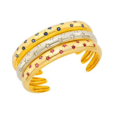 Lot 71 - Two-Color Gold, Ruby, Sapphire and Diamond Cuff Bangle Bracelet