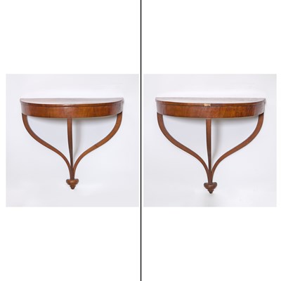 Lot 196 - Pair of Biedermeier Walnut Demilune Three-Legged Wall Mounted Console Tables