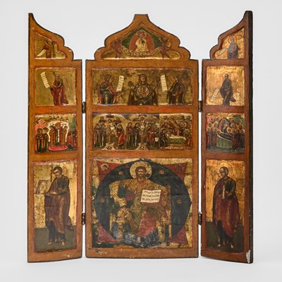 Lot 124 - Russian Painted Panel Traveling Triptych Icon