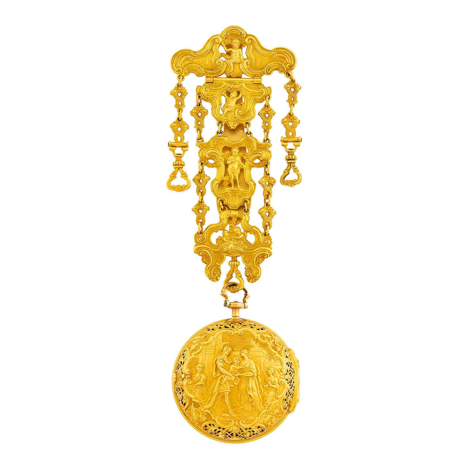 Lot 139 - Antique Gold Repoussé Pair Case Pocket Watch with Chatelaine