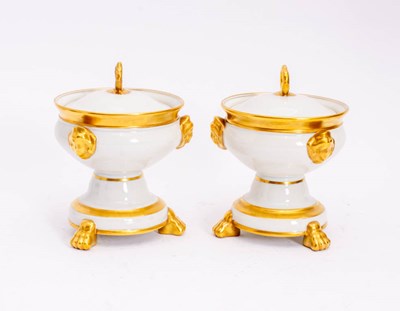 Lot 5 - Pair of French Gilt-Decorated Porcelain Covered Pedestal Bowls