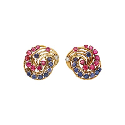 Lot 1244 - Pair of Gold, Sapphire, Ruby and Diamond Earrings