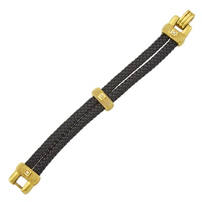 Lot 1221 - Judith Ripka Gold, Diamond and Braided Leather Bracelet