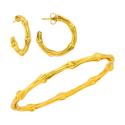 Lot 2 - Tiffany & Co. Gold Bamboo Bangle Bracelet and Pair of Hoop Earrings