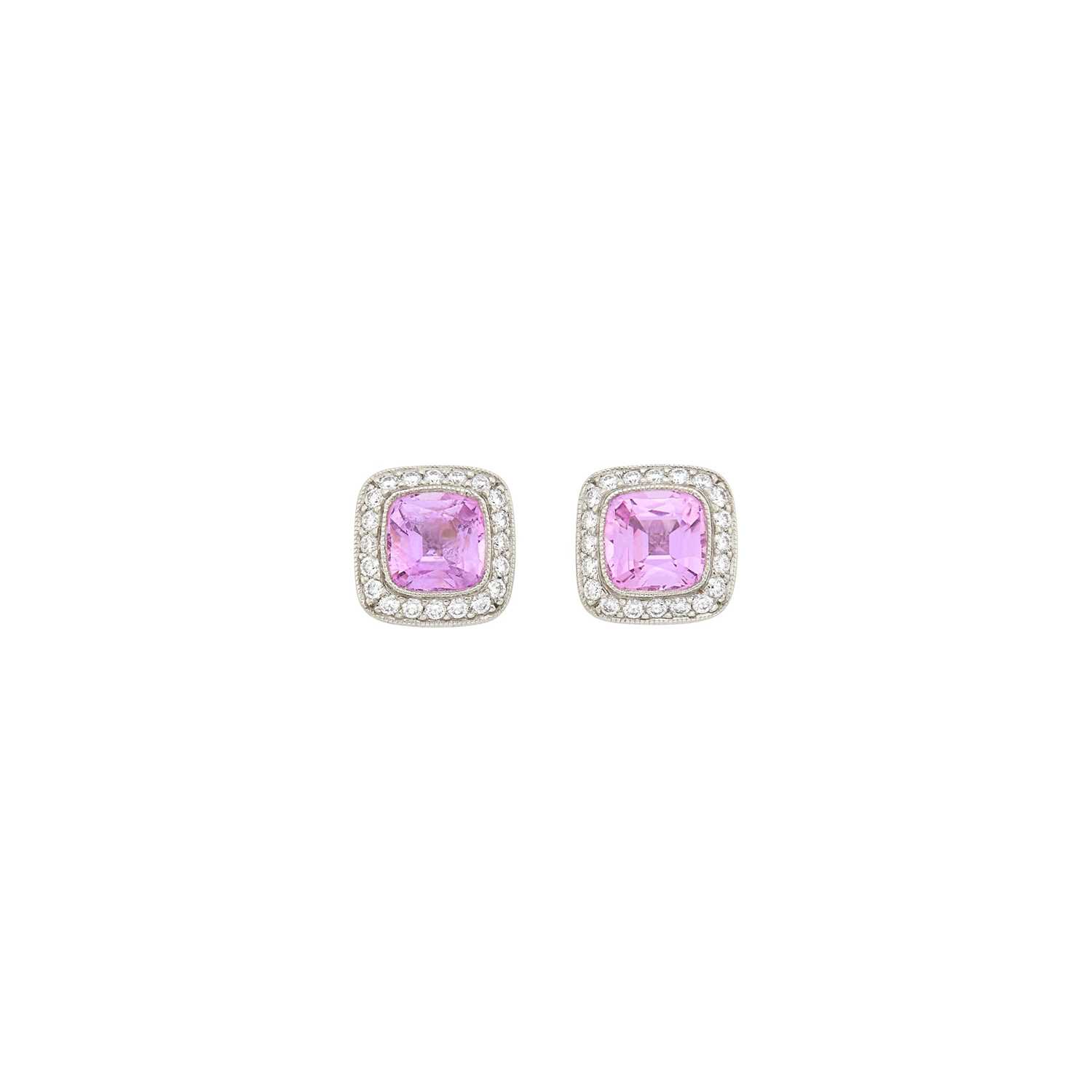 Lot 73 - Tiffany & Co. Pair of Platinum, Pink Sapphire and Diamond Earrings