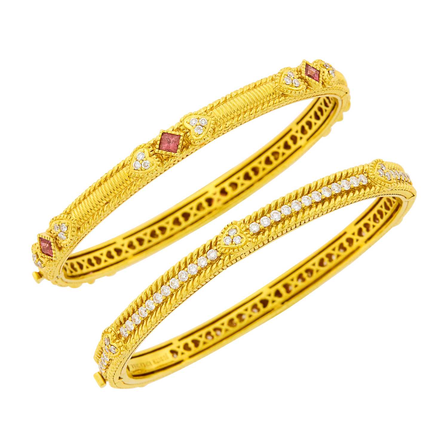 Lot 8 - Judith Ripka Two Gold, Pink Tourmaline and Diamond Bangle Bracelets