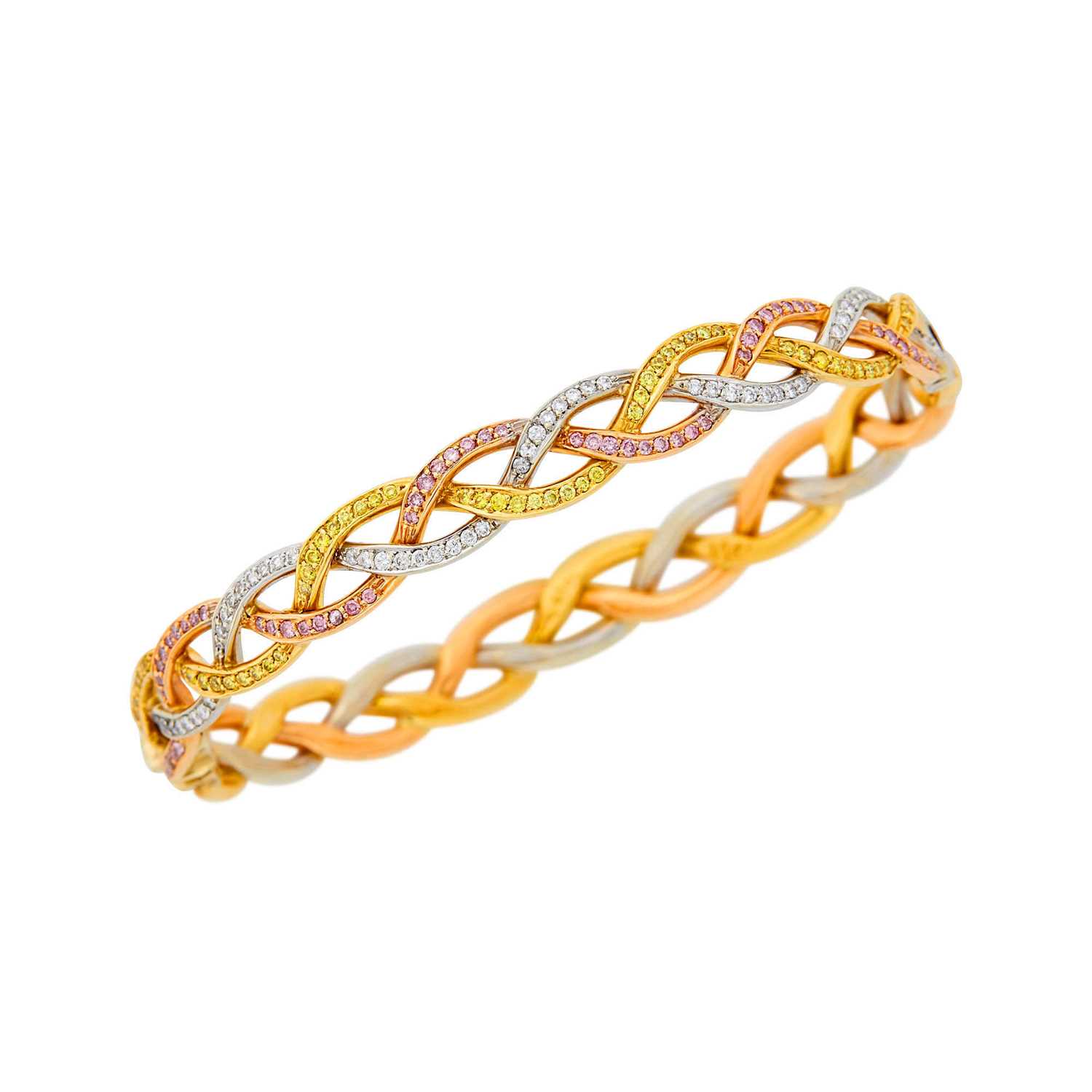 Lot 92 - Tricolor Gold, Colored Diamond and Diamond Bangle Bracelet
